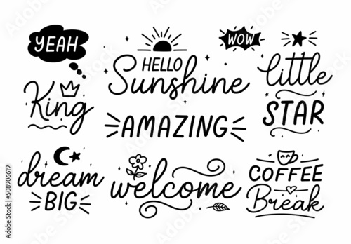Hand drawn typography lettering quotes motivational lettering pack summer welcome sunshine coffee break dream big king wow lettering vector