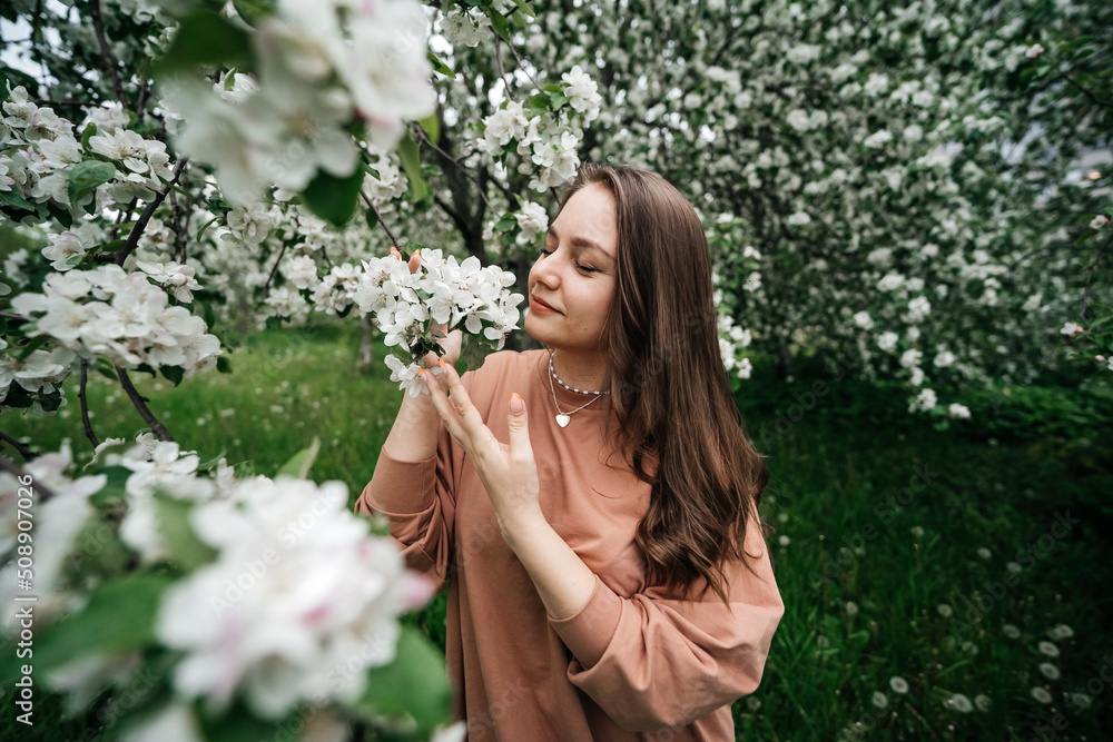 beautiful young girl in the garden of blooming apple trees beautiful young girl in the garden of blooming apple trees