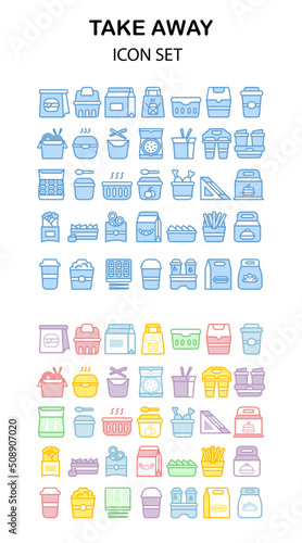 Set of takeaway icons. Blue and outline color icon set