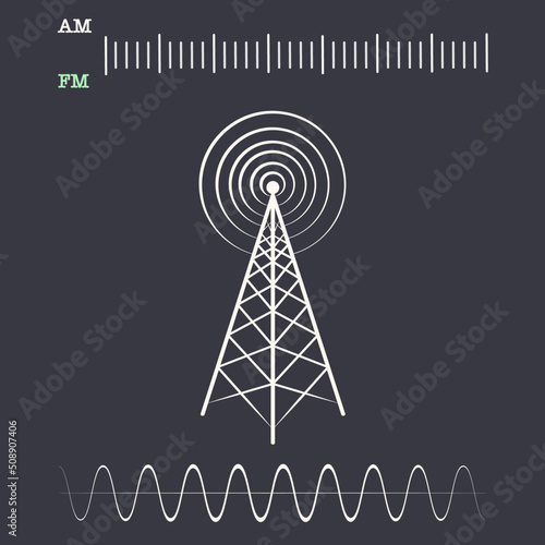 Radio wave, radio tuner, and radio tower vector illustrations