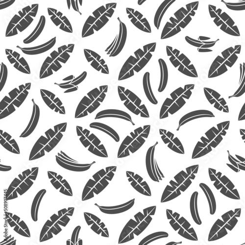 Seamless pattern with black and white palm leaves and bananas. Tropical vector background with isolated objects on white background.