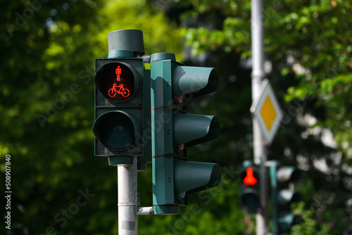 Traffic sign indicator showing the red light for pedestrians and cyclists to not cross the street.