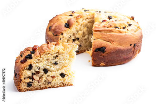 Homemade cake with raisins and nut isolated on white