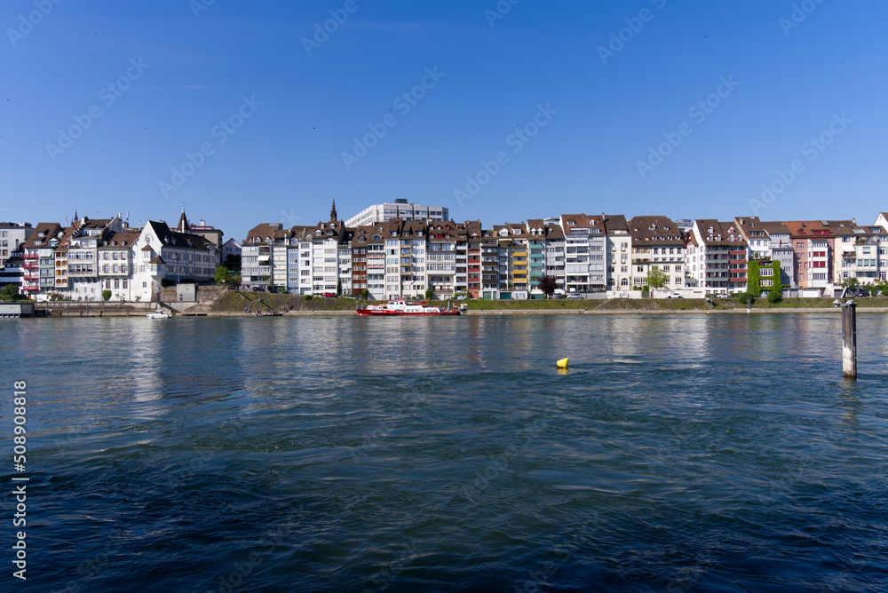 Rhine River at City of Basel with scenic view on a sunny spring day. Photo taken May 11th, 2022, Basel, Switzerland.