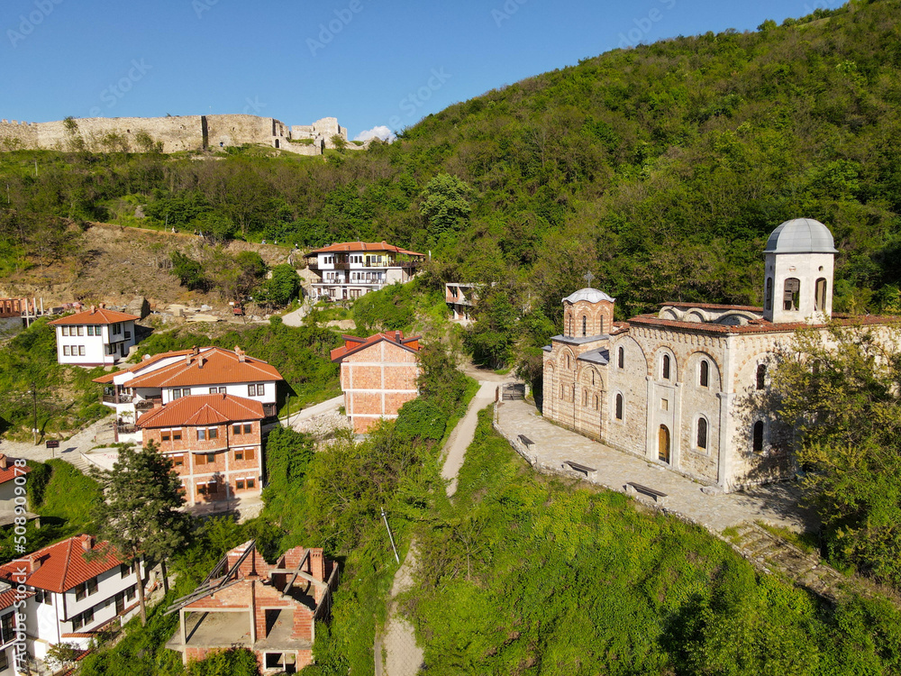 Drone view at Saint Saviour's church and fort of Prizren in Kosovo