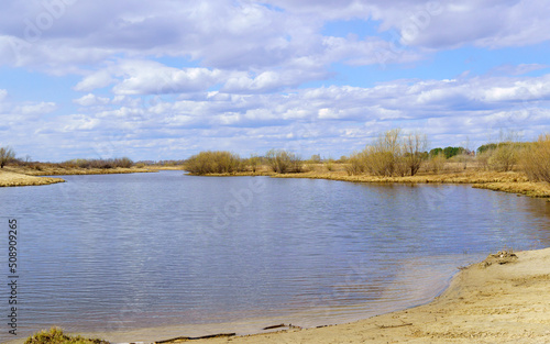 Fototapeta Naklejka Na Ścianę i Meble -  River with cloudy skies and willows growing along the shore in spring or early summer. beautiful sky