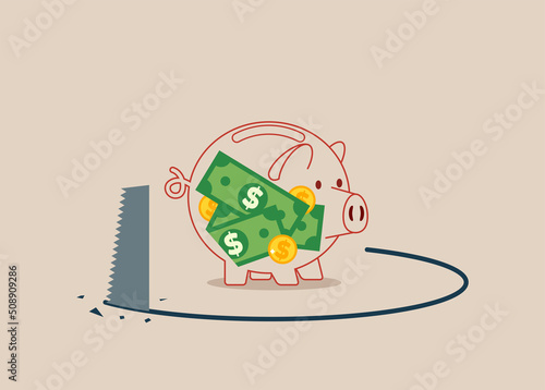 Transparent piggy bank being sawed under neath the floor to steal money. Financial mistake, investment risk and money loss in economic crisis or robbery and fraud concept.