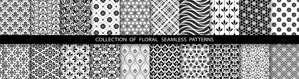 Geometric floral set of seamless patterns. White and black vector backgrounds. Simple illustrations. Geometric floral set of seamless patterns. White and black vector backgrounds. Simple illustrations.