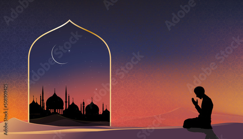 Eid Al Adha background with Silhouette Dome Mosques,Muslim man praying on Sunset,Vetor Islamic card,Ramadhan Night with Crescent moon,orange sky,Islamic religion,Eid Mubarak,Eid al fitr,Ramadan Kareem