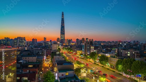 View traffic twilight of downtown atJamsil,Songpa-gu in Seoul City, South Korea.