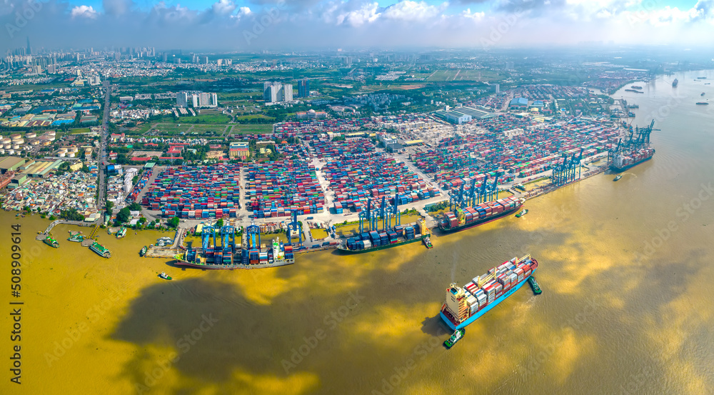 Aerial view of Cat Lai port with cargo ship and container Ho chi Minh city,  Vietnam.