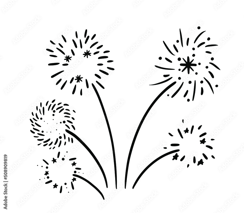 Vector fireworks illustration isolated on white in doodle comic scribble sketch style. Carnival festive joy party sketch