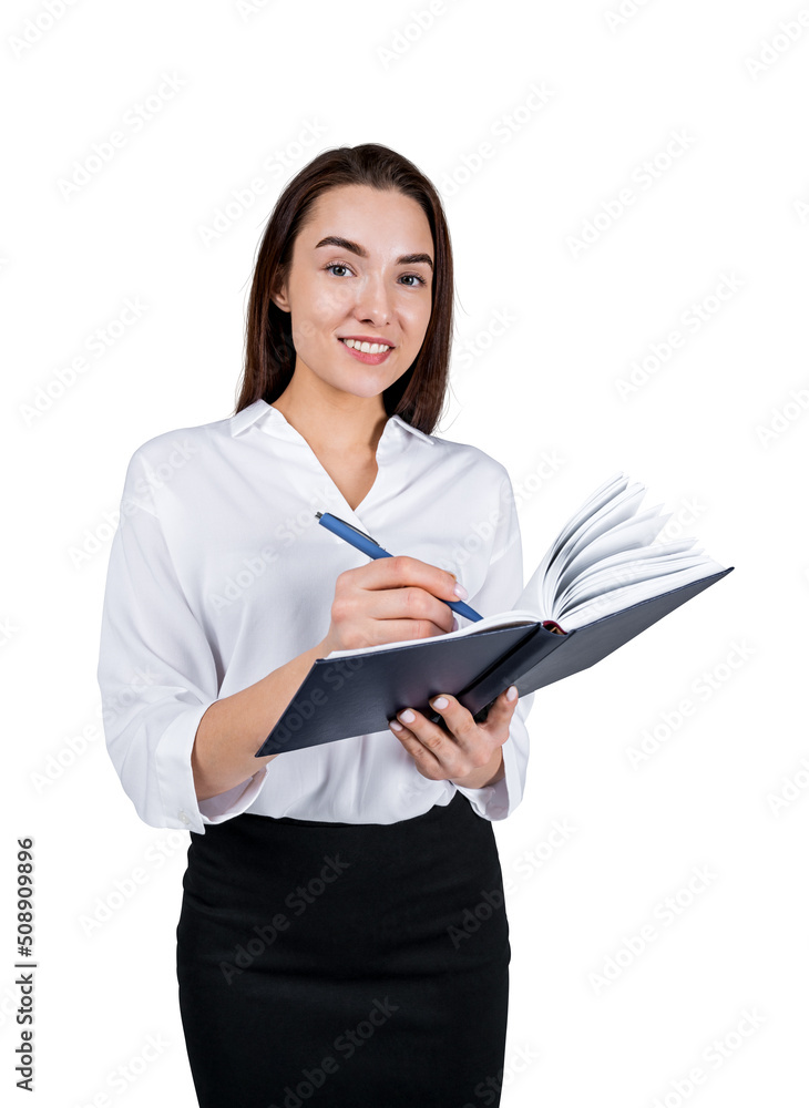 Office woman take note with notebook in hand. Isolated over white background Office woman take note with notebook in hand. Isolated over white background