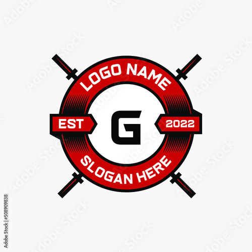 Crossed barbell fitness gym sports vector logo design with letter G