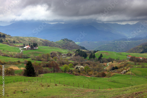 Summer stormy alpine mountain landscape with low clouds, province of Genoa, Ligurian Alps, Italy, Europe