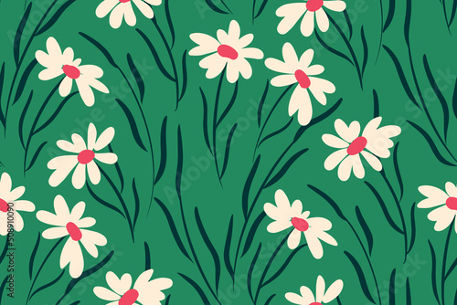 Seamless pattern with daisies on a green field. Cute floral print, modern botanical background design with hand drawn plants, flowers, leaves. Vector illustration.