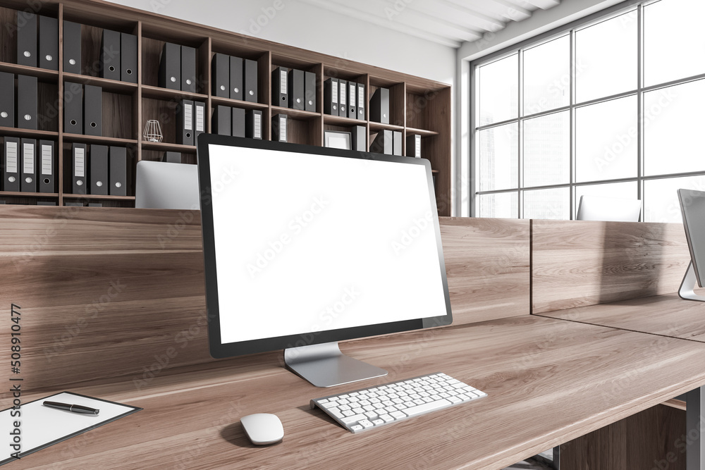 Business interior with pc desktop, panoramic window and mockup display Business interior with pc desktop, panoramic window and mockup display