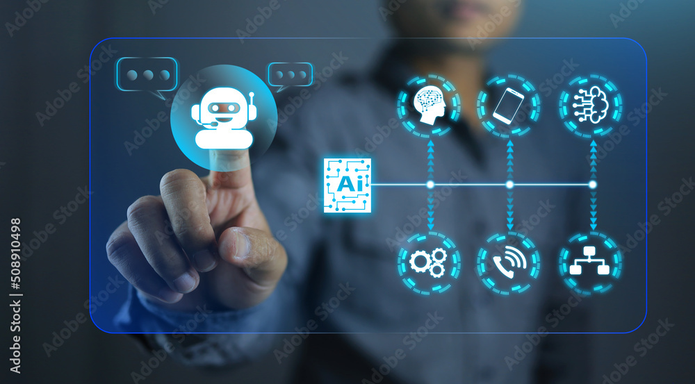 Businessman hand touch digital chatbot an assistant conversation for to access to data growth of business in online network, Robot application and global connection, AI, Artificial intelligence. Businessman hand touch digital chatbot an assistant conversation for to access to data growth of business in online network, Robot application and global connection, AI, Artificial intelligence.