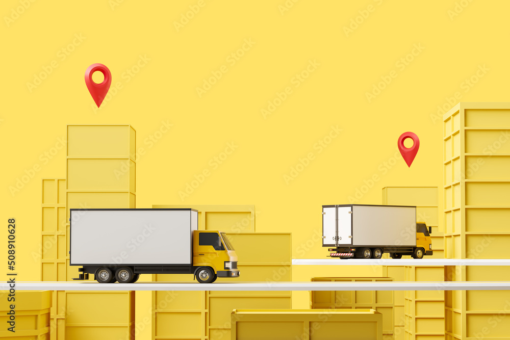 Truck moving with location pin, shipping. Mockup copy space - obrazy, fototapety, plakaty 