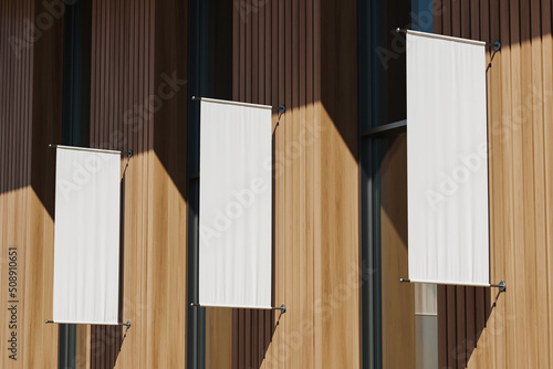 Three city roll up banners for commercial ad on the streets. Mock up