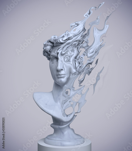Abstract concept illustration from 3D rendering of marble male classical bust on pedestal gradually disintegrating in grey flames and isolated on background.