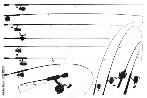 Leinwand Poster Fishing rod vector silhouette. Spinning rods illustration