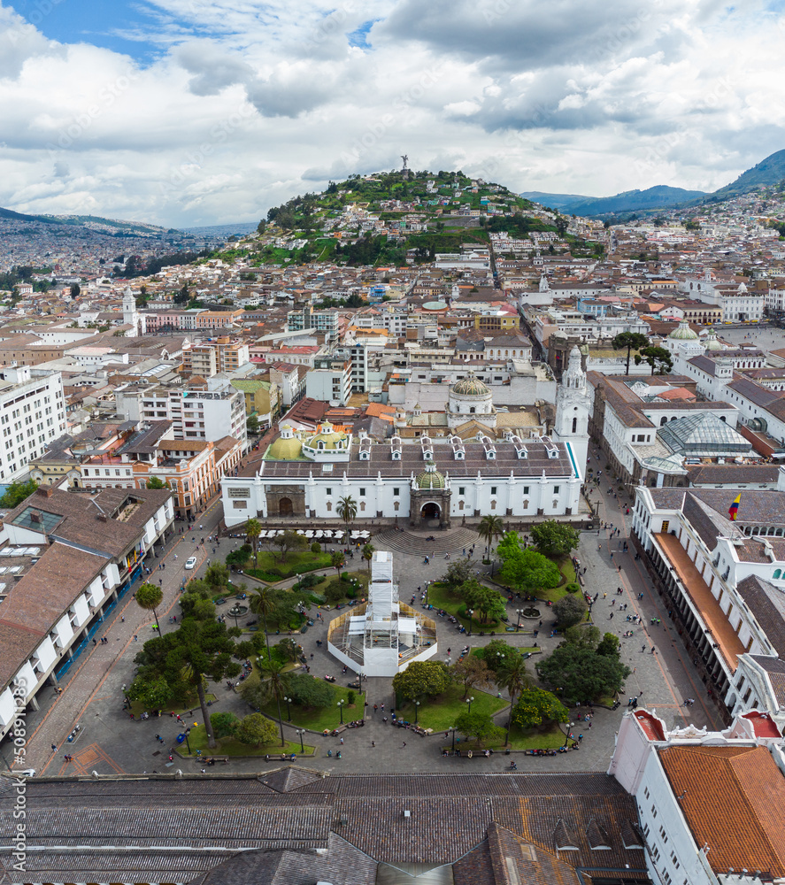 Quito, Ecuador: Aerial view of the Plaza Grande in the heart of Quito historic city center in Ecuador capital city with the El Panecillo hill in the background