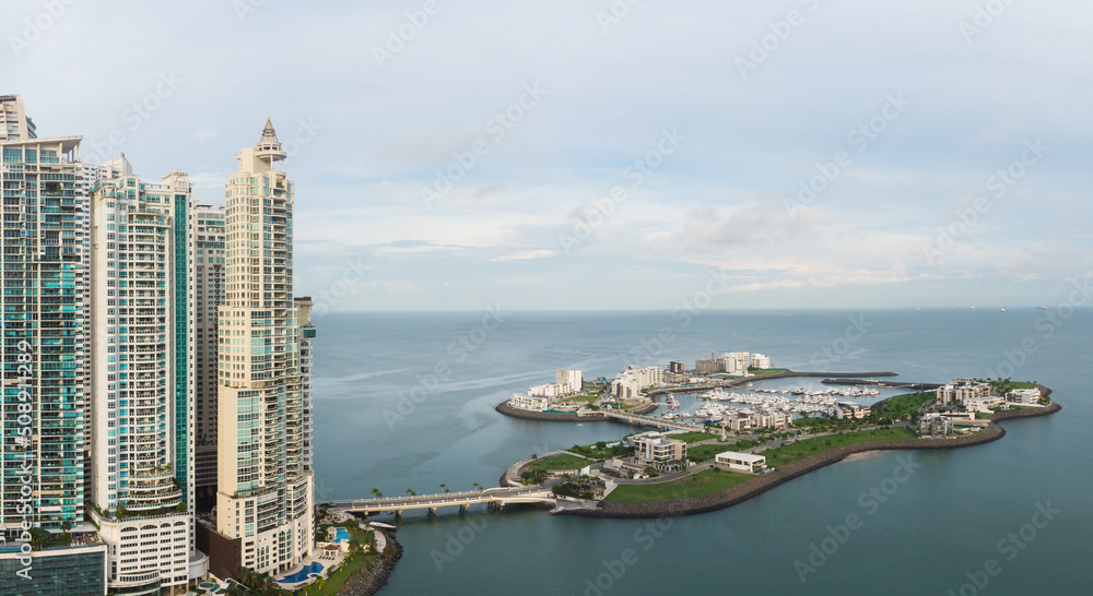 Panama City: Luxury hotels and condo towers in the Punta Pacifica and the ocean reef marina and islands in Panama city in Central America.