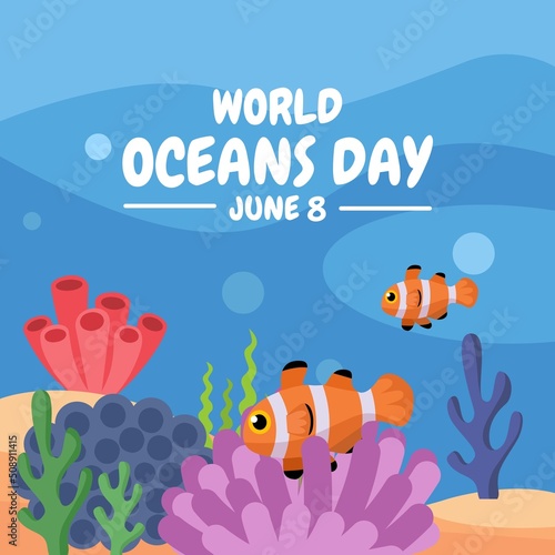 Vector illustration, underwater scenery with corals and fish, as banner or poster for world ocean day.