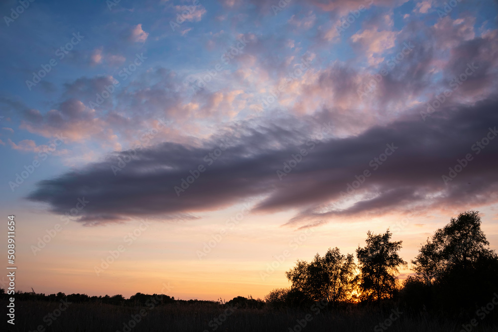 Stunning landscape sunset image of Somerset Levels wetlands in England during Spring evening