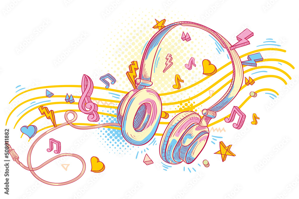 Music design - colorful drawn headphones and notes Stock Vector | Adobe  Stock
