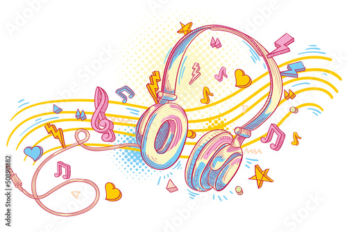 Music design - colorful drawn headphones and notes
