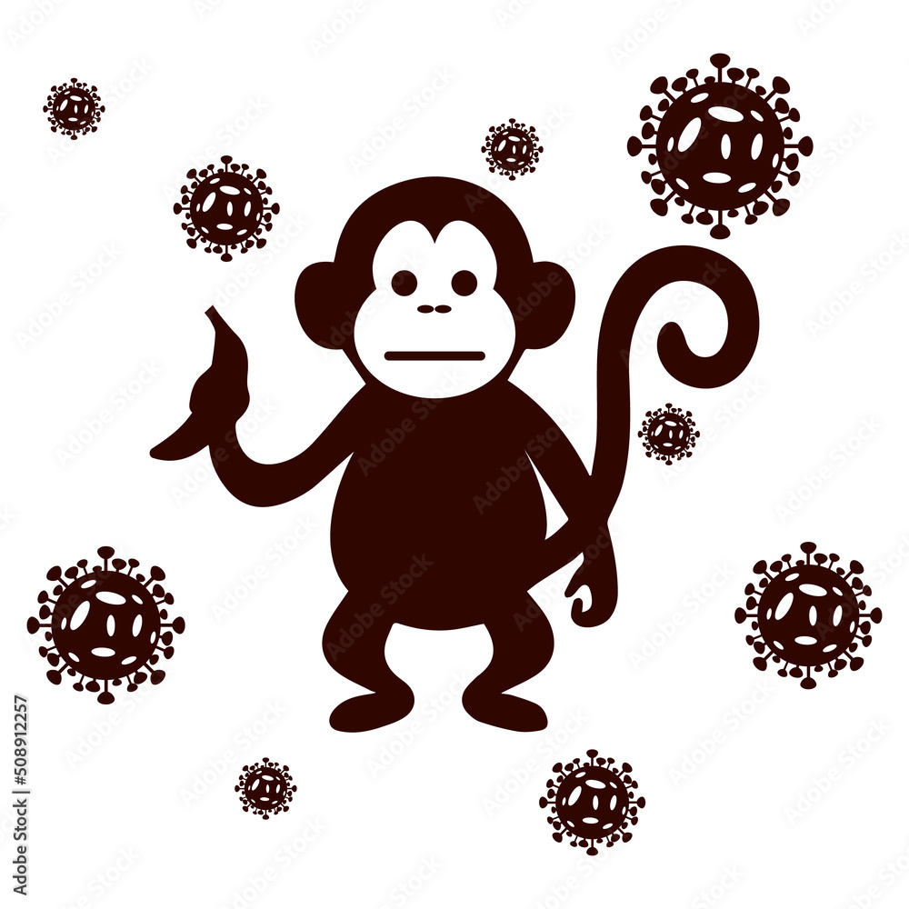 Vector illustration of a monkey icon with viral cells on a white ...
