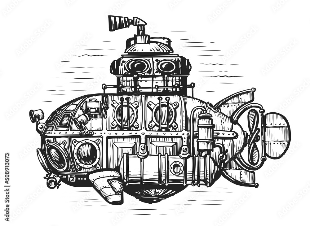 Vintage submarine in sea drawn in engraving style. Hand drawn retro ...