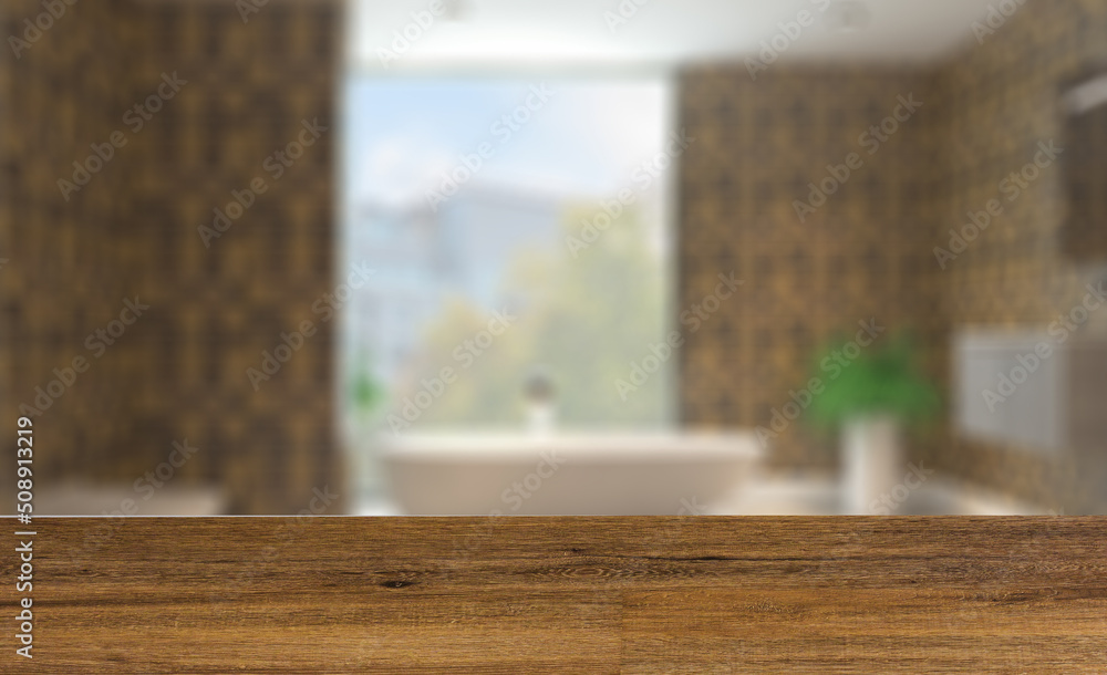 Spacious bathroom in gray tones with heated floors, freestanding. Background with empty wooden table. Flooring. Spacious bathroom in gray tones with heated floors, freestanding. Background with empty wooden table. Flooring.