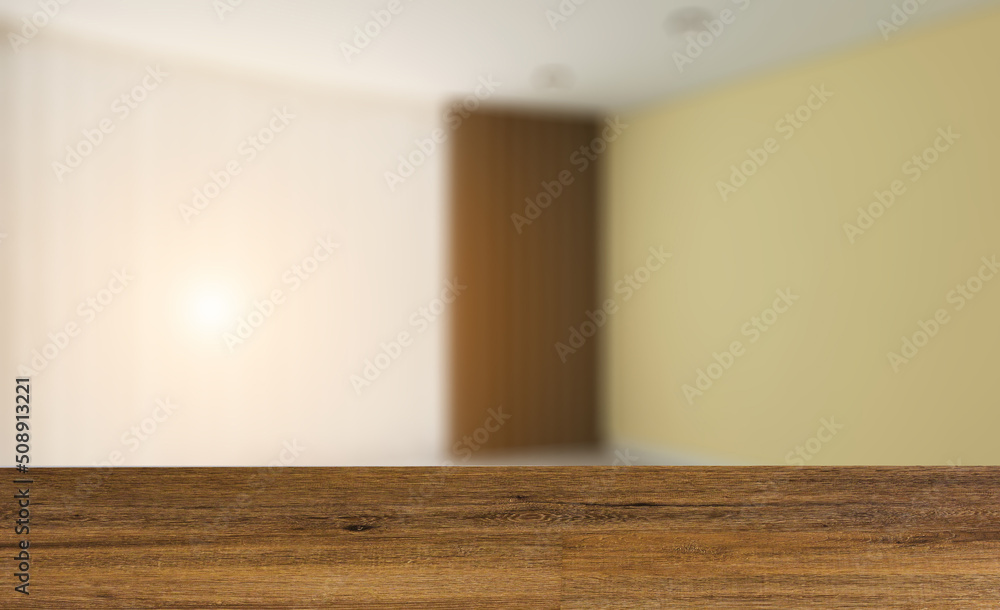 Fototapeta premium Modern office Cabinet. 3D rendering. Meeting room. Sunset.. Background with empty wooden table. Flooring.