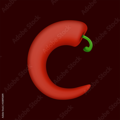 C letter made of red chilli pepper. Isolated vegetable vector organic typeface for farm design elements, restaurant menu and more