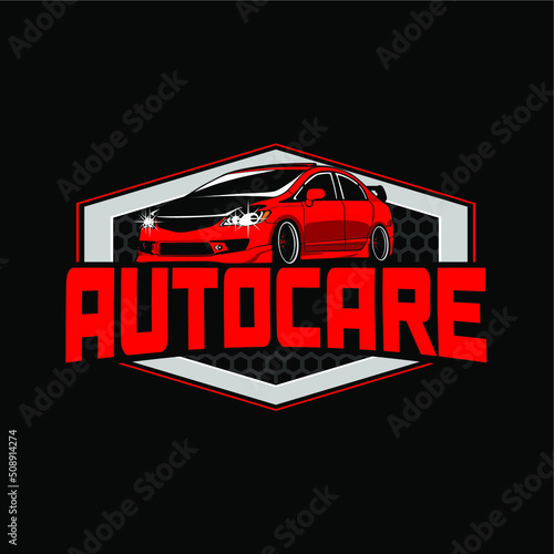 Automotive car care logo design with black and red sports vehicle isolated on black background. Vector illustration.