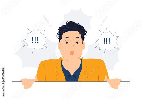 Concept illustration of Startled, Shocked and speechless man witness something, cover mouth with hands and looking at you, gasping astounded with revelation, hear stunning gossip flat cartoon style