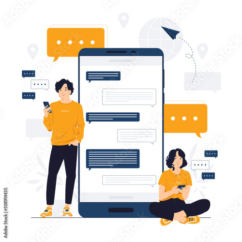Concept illustration of man and woman friends having online conversation, messaging, chatting, communication, texting, Messages in mobile phone apps flat cartoon style