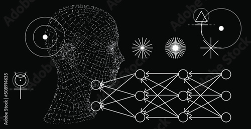 Abstract geometric composition with 3D polygonal model of a human head. Sci-fi futuristic vector illustration.