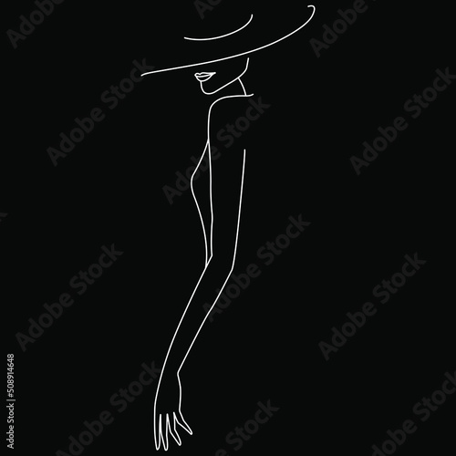 Fashion woman in hat. Saxy lady silhouette. Black and white. Black background. One line drawing.