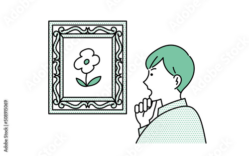 フレーミング効果　絵画を鑑賞する男性のイラスト