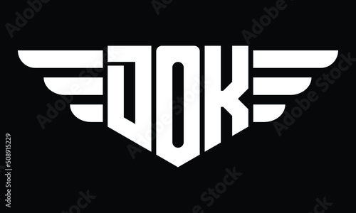 DOK three letter logo, creative wings shape logo design vector template. letter mark, wordmark, monogram symbol on black & white.