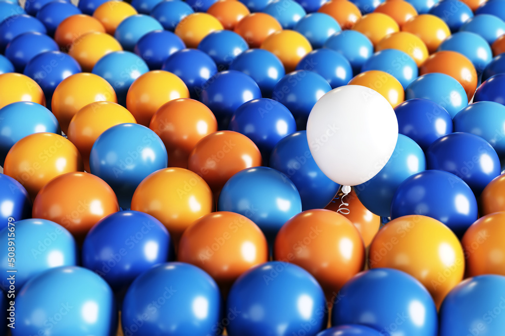 Outstanding White Color balloon floating among blue and orange color balloon background. 3D Render. Selective focus. Outstanding White Color balloon floating among blue and orange color balloon background. 3D Render. Selective focus.