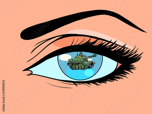Military tank in the pupil of a woman, civilians in the war
