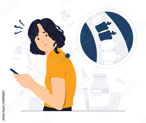 Vector concept illustration of Young woman with bad posture, backache, Shoulder pain, curvature of the spine, Incorrect posture using mobile smart phone flat cartoon style photo