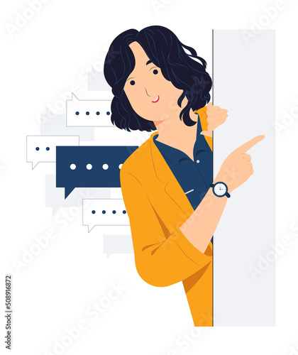 Concept illustration of Young Businesswoman standing behind a wall while peeking with curiosity, startled, shocked, Surprised, peeping, listening, discovery and Pay attention flat cartoon style