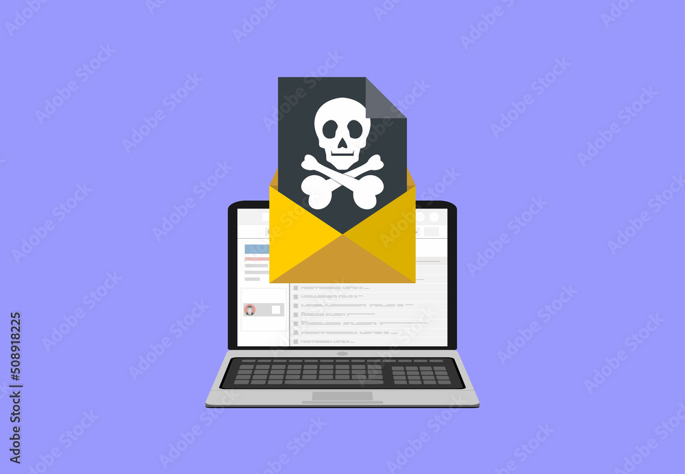 Laptop with envelope and skull on the screen. Concept of virus, piracy, hacking and security. Flat vector illustration. Laptop with envelope and skull on the screen. Concept of virus, piracy, hacking and security. Flat vector illustration.