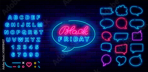 Black friday neon signboard. in speak cloud Special offer concept. Speech bubbles collection. Vector stock illustration